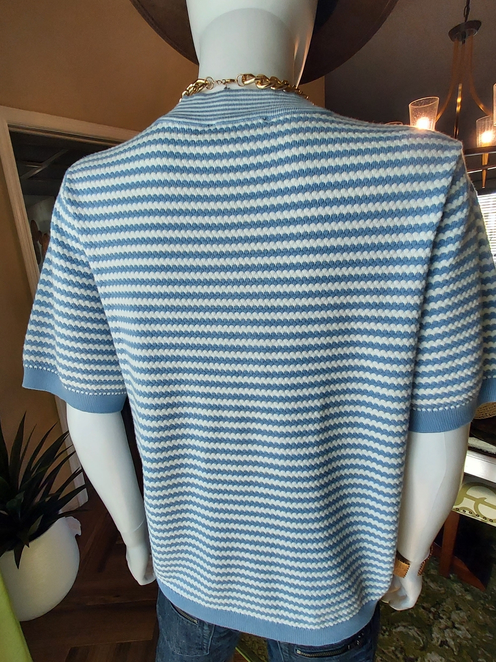 Adrianna Papell Blue & White Striped Short-Sleeve Sweater with Bow Accents - Picture 4 of 12